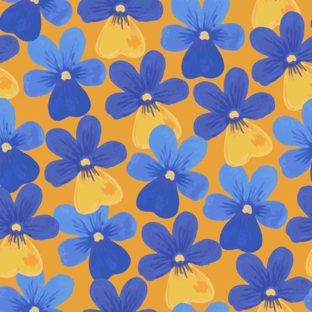 Colorful seamless pattern with cute hand-drawn floral elements of pansy in retro style. Festive trendy print for design and textile.のイラスト素材
