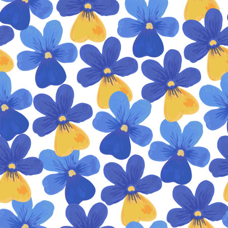 Colorful seamless pattern with cute hand-drawn floral elements of pansy in retro style. Festive trendy print for design and textile.のイラスト素材