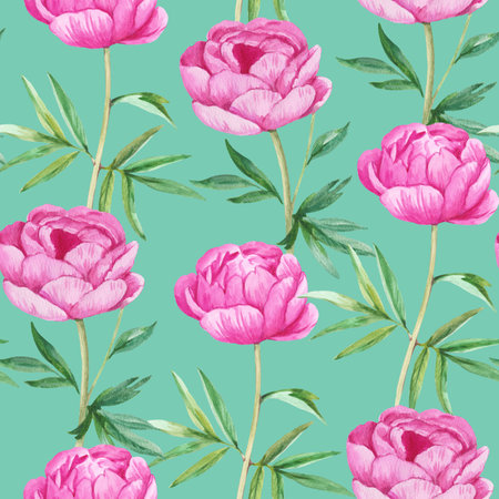 Seamless pattern with realistic peony flowers. Watercolor botanical illustration, colorful print for design and decor.の写真素材