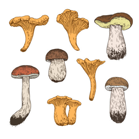 Mushrooms illustration in engraving style. Color drawing of boletus fungus and chanterelle isolated on white background. Realistic line art.のイラスト素材