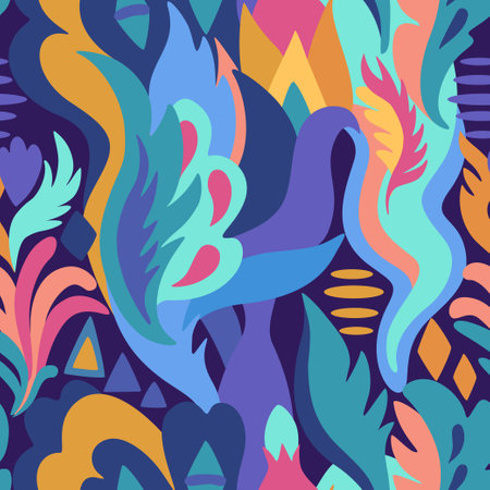 Bright colorful ornamental pattern with psychedelic abstract organic elements. Multicolored vivid texture for design and decor.のイラスト素材