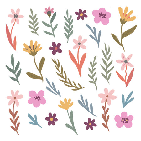 Big set of simple doodle floral elements. Vector hand-drawn illustrationのイラスト素材