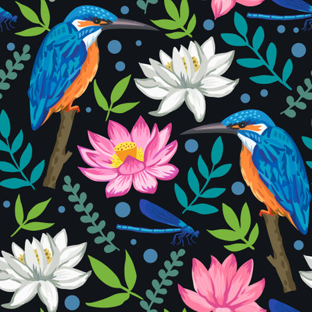 Colorful seamless pattern with lotus flowers and kingfisher. Vector hand drawn illustration.のイラスト素材