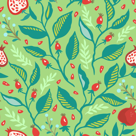 Seamless pattern with dynamic stylizes branches with red berries. Original trendy background for design.のイラスト素材