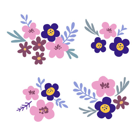 Floral arrangement with cute pink pastel and blue doodle flowers. Decorative design elements for invitations and greeting cards. Vector illustration.のイラスト素材