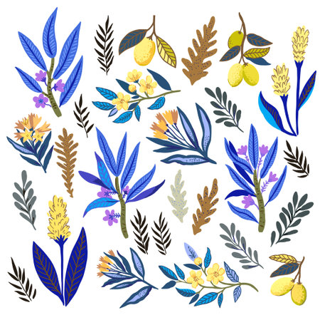 Clip-art collection of stylized tropical plants and flowers. Vector illustrationのイラスト素材