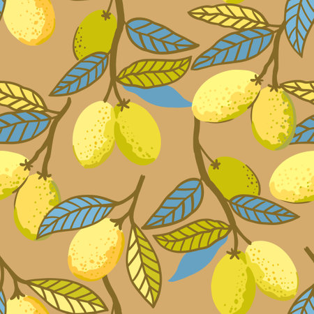 Decorative seamless pattern with lemon fruits and leaves. Vector illustration of lemon branches in minimalistic doodle styleのイラスト素材
