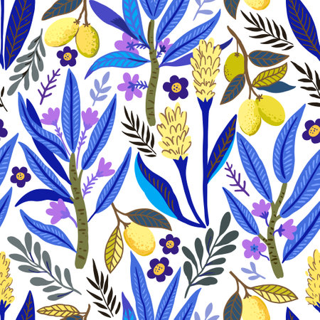 Seamless pattern with stylized tropical plants and flowers. Vector illustrationのイラスト素材