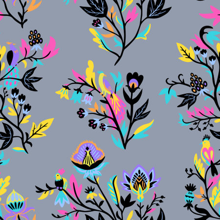 Ornamental floral pattern with stylized ornate floral elements and fantasy birds. Vector illustration.のイラスト素材