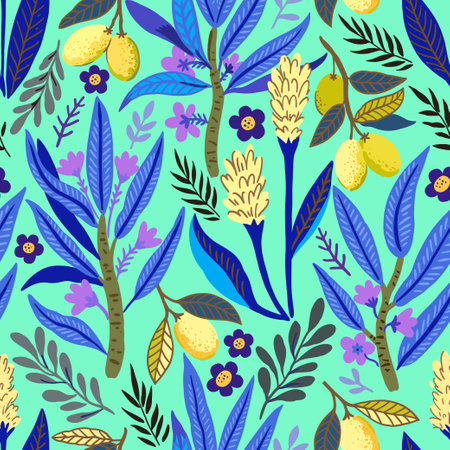 Seamless pattern with stylized tropical plants and flowers. Vector illustrationのイラスト素材