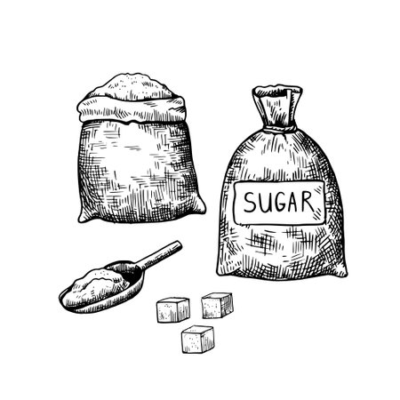 Sacks with flour or sugar, cubes of sugar lump and scoop. Hand drawn black and white illustration in engraving style. Vector design elements isolated on white background.のイラスト素材