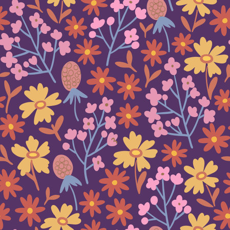 Floral seamless pattern in folk boho style. Ditsy print for textile, fashion and design. Vector illustration.のイラスト素材