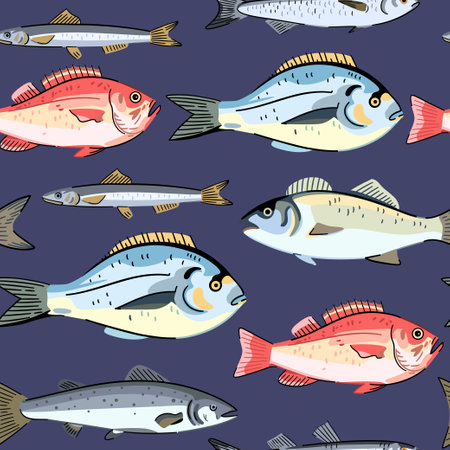 Seamless pattern with commercial seafood fishes, ocean perk, sea bass and dorado. Seafood fish. Vector illustrationのイラスト素材