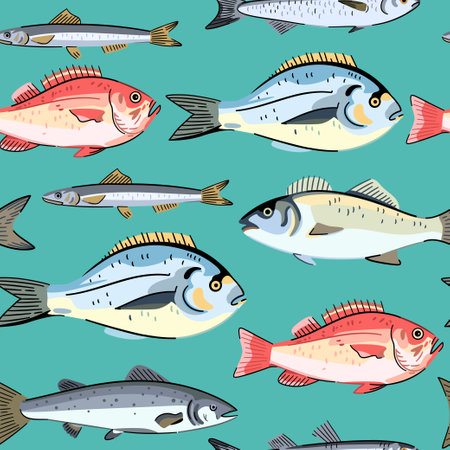 Seamless pattern with commercial seafood fishes, ocean perk, sea bass and dorado. Seafood fish. Vector illustrationのイラスト素材