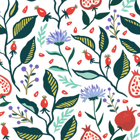 Seamless pattern with dynamic stylizes branches with red berries. Original trendy background for design.のイラスト素材