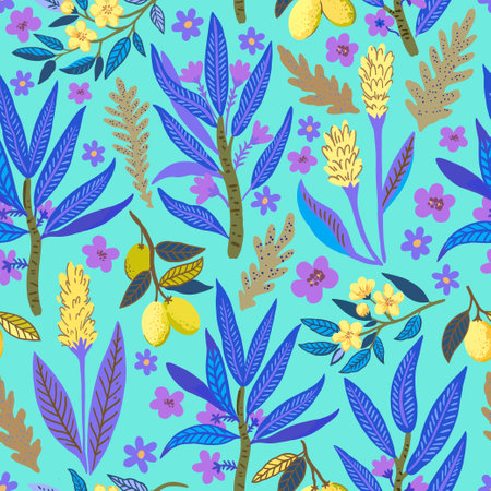 Seamless pattern with stylized tropical plants and flowers. Vector illustrationのイラスト素材