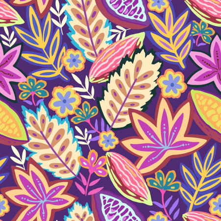 Colorful tropical seamless pattern. Abstract psychedelic motif with plant and floral elements. Joyful print for design. Vector illustrationのイラスト素材