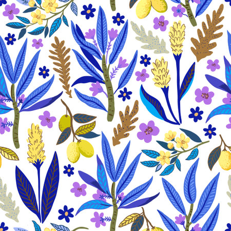 Seamless pattern with stylized tropical plants and flowers. Vector illustrationのイラスト素材