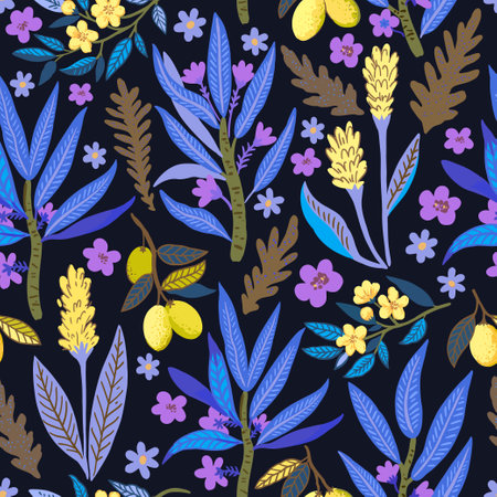 Seamless pattern with stylized tropical plants and flowers. Vector illustrationのイラスト素材