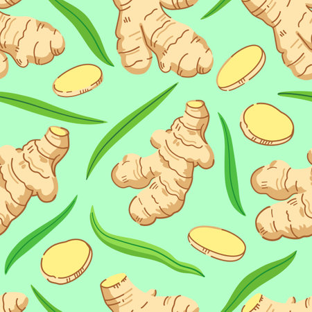 Seamless pattern with ginger roots, slices and leaves. Vector illustration.のイラスト素材