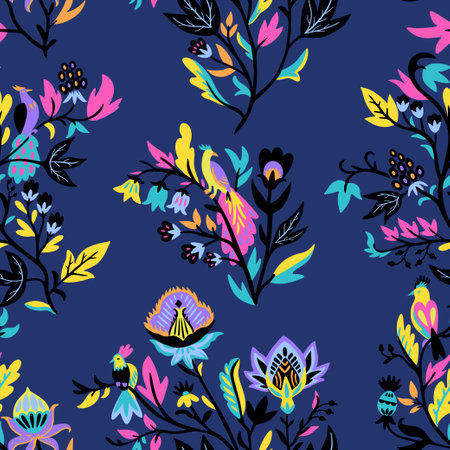 Ornamental floral pattern with stylized ornate floral elements and fantasy birds. Vector illustration.のイラスト素材