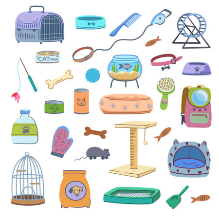 Set of pet supplies. Elements of veterinary and pet shop elements, food, toys, cages, beds. Vector illustrationのイラスト素材