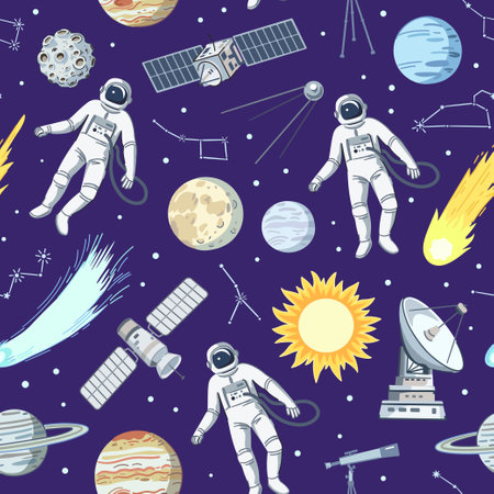 Seamless pattern with astronauts, stars, planets and satellites in cosmos. Cartoon print with space elements, vector illustrationのイラスト素材