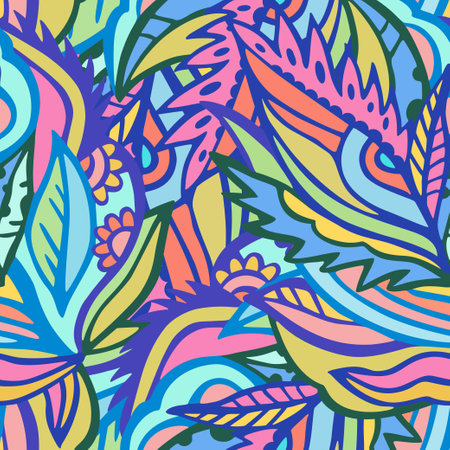 Colorful seamless pattern with chaotic floral and psychedelic abstract elements. Vector illustration.のイラスト素材