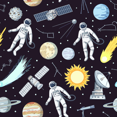 Seamless pattern with astronauts, stars, planets and satellites in cosmos. Cartoon print with space elements, vector illustrationのイラスト素材
