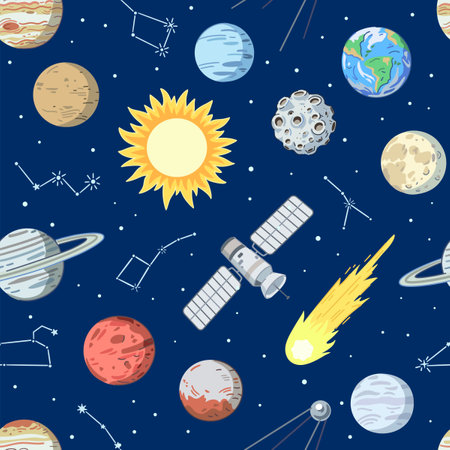 Seamless pattern with stars, planets and satellites in space. Cartoon print with space elements, vector illustration.のイラスト素材