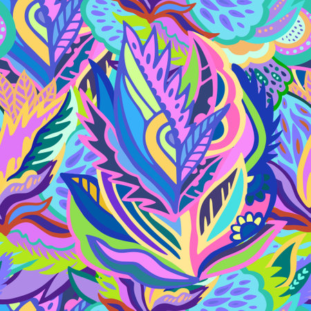 Colorful seamless pattern with chaotic floral and psychedelic abstract elements. Vector illustration.のイラスト素材
