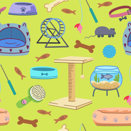 Seamless pattern with pet supplies. Elements of veterinary and pet shop elements, food, toys, cages, beds. Vector illustrationのイラスト素材