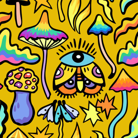 Bright colorful seamless pattern with psychedelic vivid fantasy mushrooms. Vector illustration.のイラスト素材