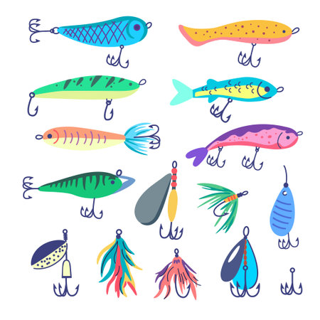 Collection of fishing baits. Various types of fishing lure with floating and hook isolated on white background. Colorful vector illustrationのイラスト素材
