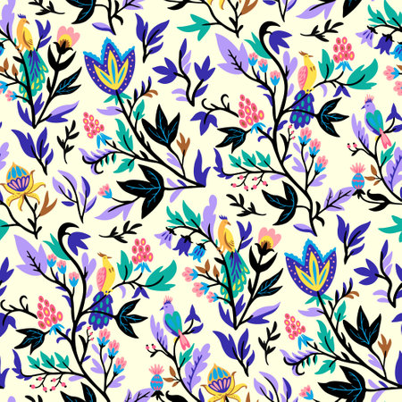 Ornamental floral pattern with stylized ornate floral elements and fantasy birds. Vector illustration.のイラスト素材