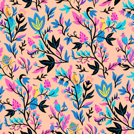 Ornamental floral pattern with stylized ornate floral elements and fantasy birds. Vector illustration.のイラスト素材