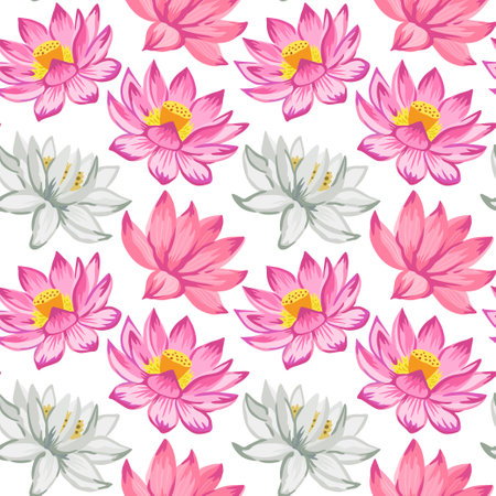 Seamless pattern with pink lotus flowers. Detailed realistic vector illustration.のイラスト素材