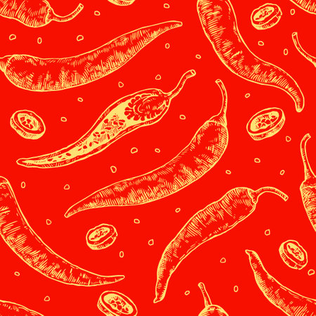 Seamless pattern with hand drawn chili peppers. Vector illustration in engraving style.のイラスト素材