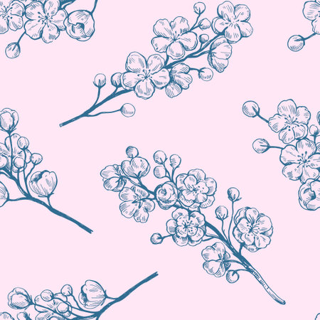 Sakura blooming branches. Black and white outline ink drawing. Vector illustration.のイラスト素材