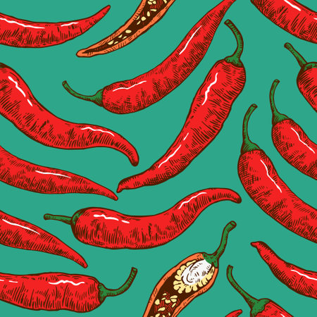 Seamless pattern with hand drawn chili peppers. Vector illustration in engraving style.のイラスト素材