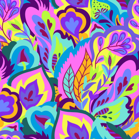 Colorful seamless pattern with chaotic floral and psychedelic abstract elements. Vector illustration.のイラスト素材