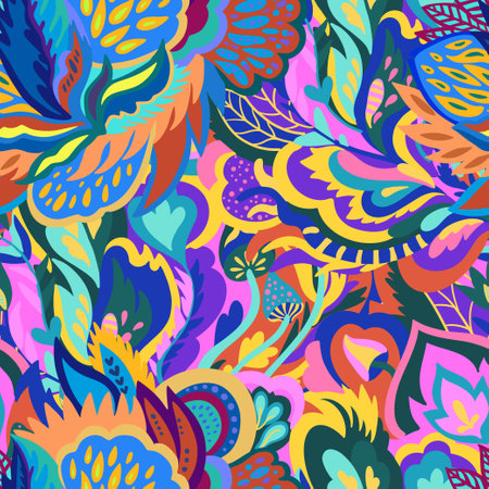 Colorful seamless pattern with chaotic floral and psychedelic abstract elements. Vector illustration.のイラスト素材
