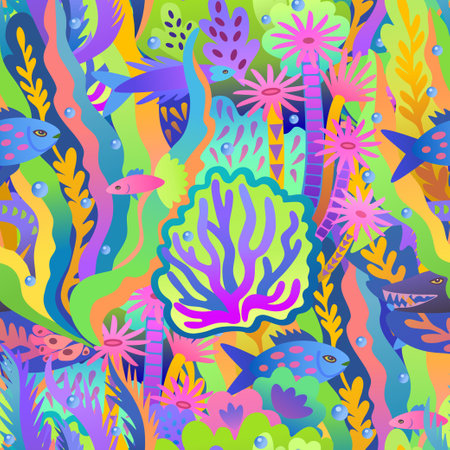 Abstract coral reef illustration. Colorful seamless pattern with neon and psychedelic bright colors. Vector decorative background.のイラスト素材
