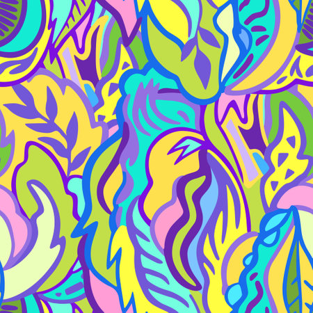 Colorful seamless pattern with chaotic floral and psychedelic abstract elements. Vector illustration.のイラスト素材