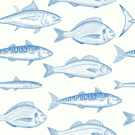 Seamless pattern with sea fishes species. Seafood fish. Vector illustration in retro engraving style.のイラスト素材