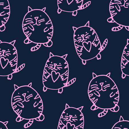 Seamless pattern with funny doodle cats with heart in paws. Outline contour hand-drawn illustration. Vector print.のイラスト素材