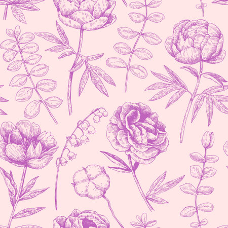 Monochrome seamless pattern with peony and eucalyptus in Victorian engraving style. Vector illustration.のイラスト素材