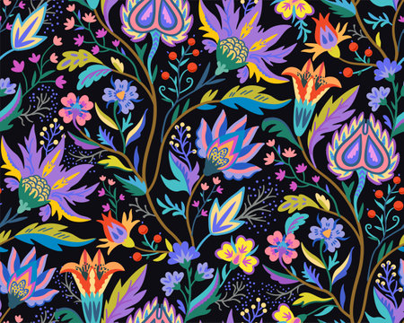 Rich vibrant colorful floral pattern in Victorian style for decor, wallpaper, fabric design. Vector illustration.のイラスト素材