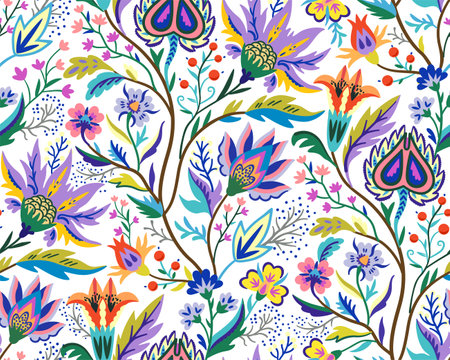 Rich vibrant colorful floral pattern in Victorian style for decor, wallpaper, fabric design. Vector illustration.のイラスト素材