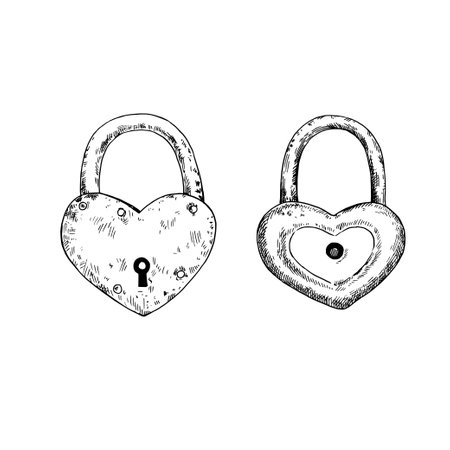 Heart-shapes padlocks in retro style. Hand-drawn black and white design elements. Vector illustration.のイラスト素材